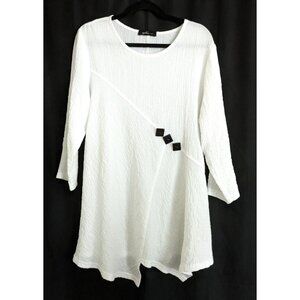 Yushi White Gauzy Tunic Blouse Top Sz Large Crinkle Asymmetrical Lagenlook Artsy